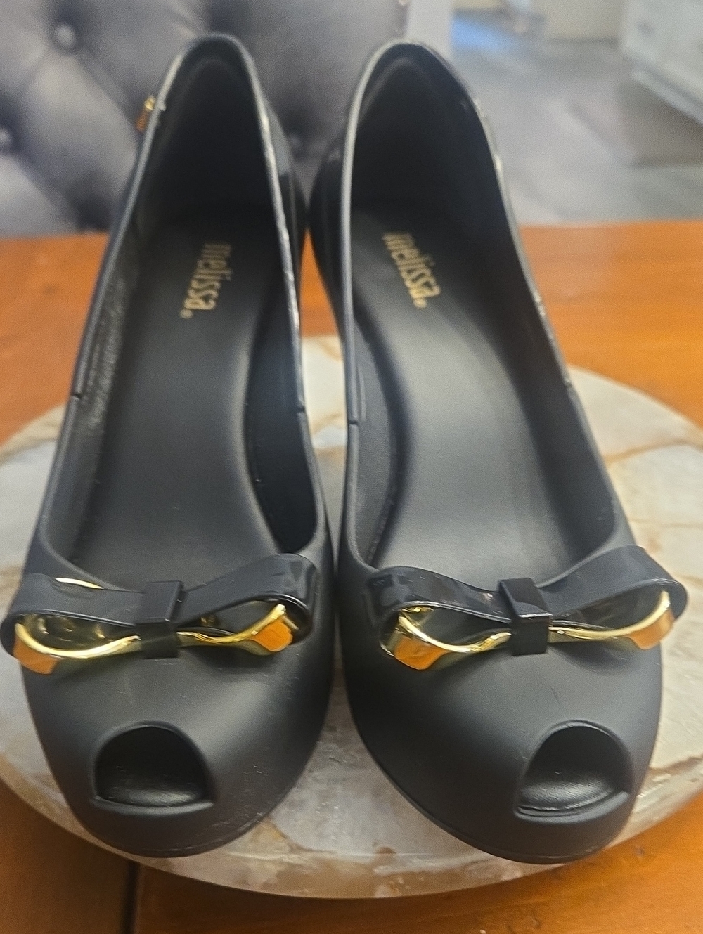Nib Melissa Black Peep-Toe Wedge Heels with Gold Accent Size 6 - Picture 2 of 7